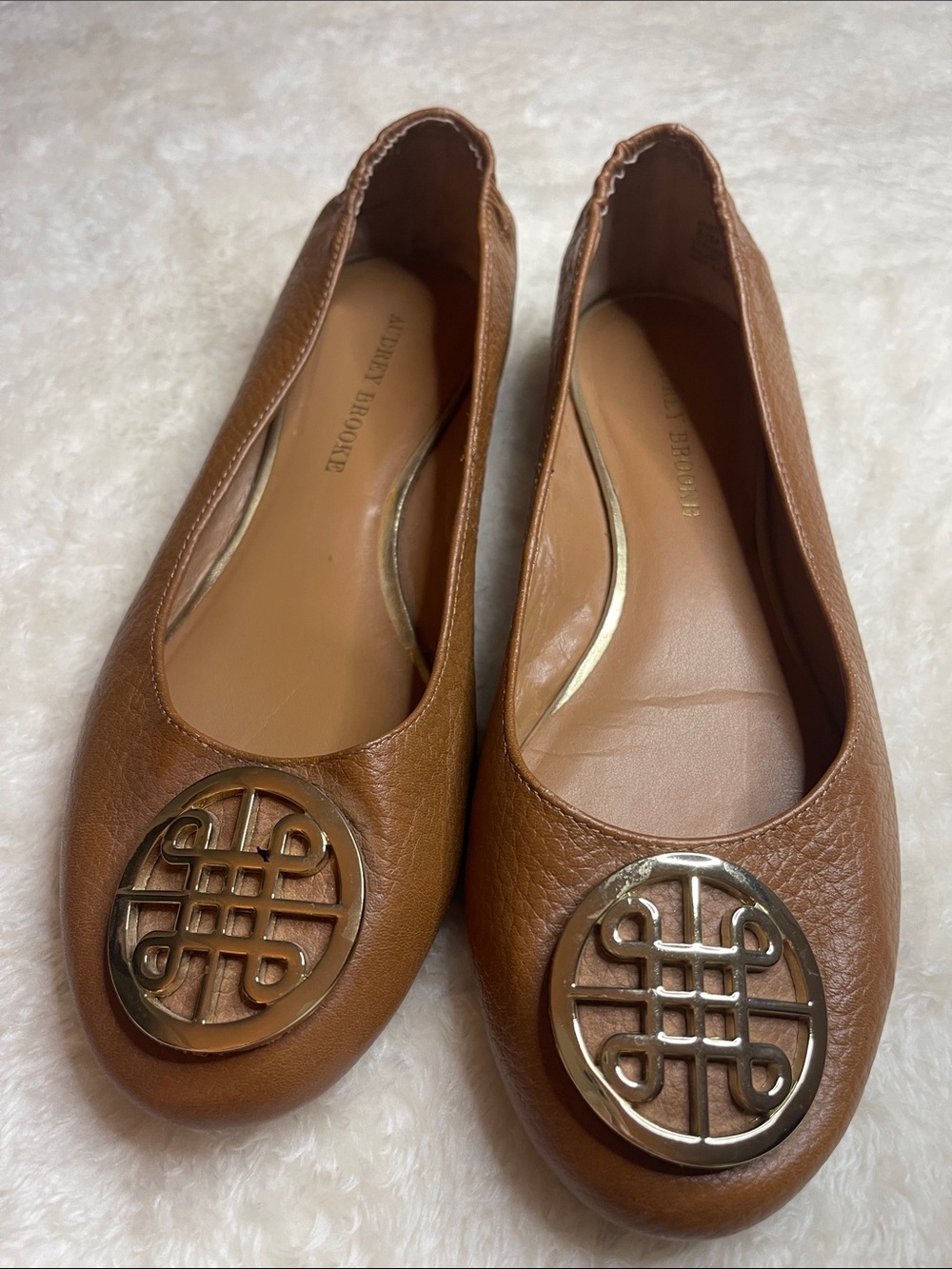 Carmel Brown Leather Ballet Flats with Gold Emblem